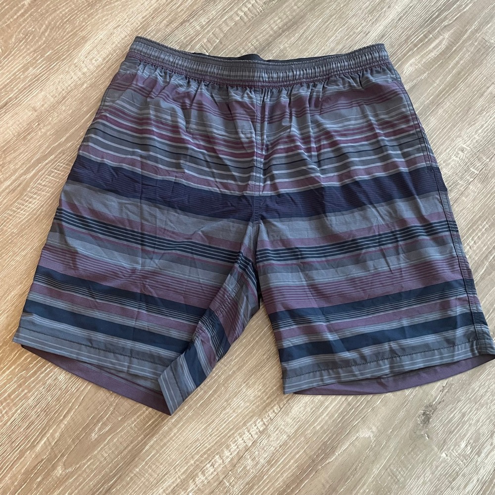 Kirkland Signature Mens Swim Trunks Size Large Purple Grey Striped Board Shorts